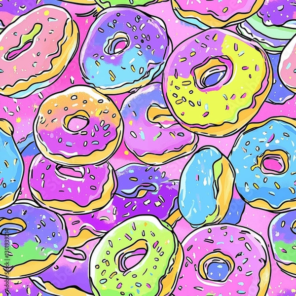 Fototapeta Vector seamless pattern with colorful donuts with rainbow background. Bright background for print on a fabric, wrapping, wallpapper