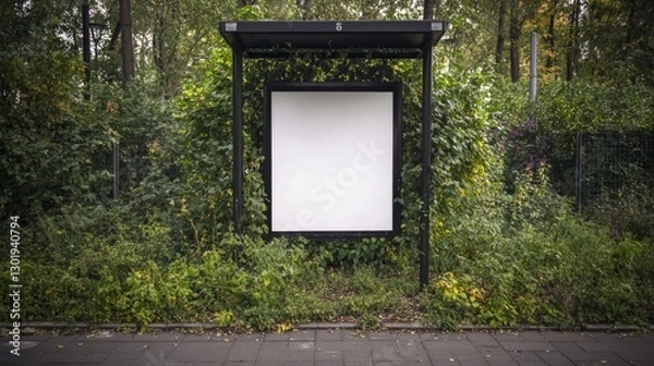 Obraz Blank Billboard Mockup at Bus Stop  Lush Greenery  Urban Oasis  Advertising Space
