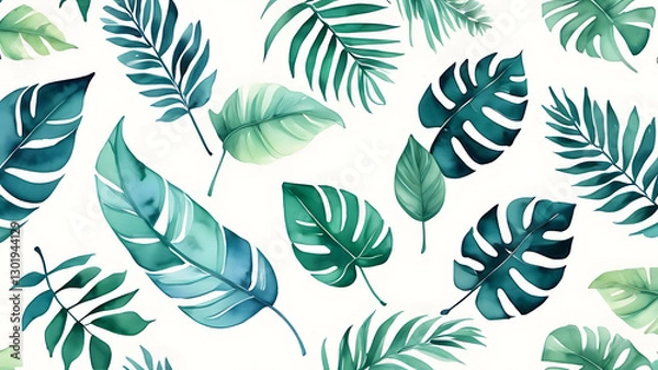 Obraz Tropical Leaves Watercolor Pattern Design with Green and Teal Hues
