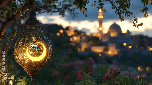 Fototapeta A glowing lantern hanging over a cityscape filled with twinkling lights at dusk.
