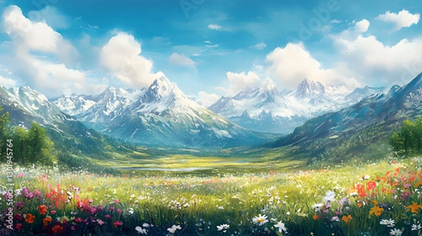 Fototapeta A vibrant green meadow with wildflowers, framed by towering snow-capped mountains under a bright sky.