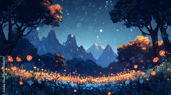 Fototapeta A magical night scene with glowing lights in a tranquil mountain valley.