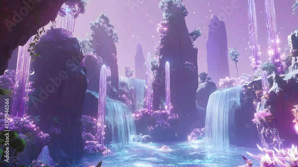 Fototapeta Beautiful floating islands with cascading waterfalls.
