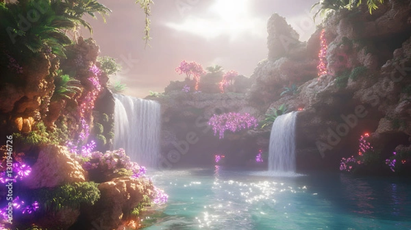 Fototapeta A mystical landscape with glowing waterfalls and floating lights.