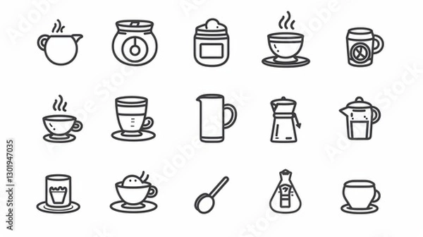 Fototapeta Diverse Set of Coffee - Centric Icons: Teas, Drinks, Cocoa, Cups, and Cafe Scenes