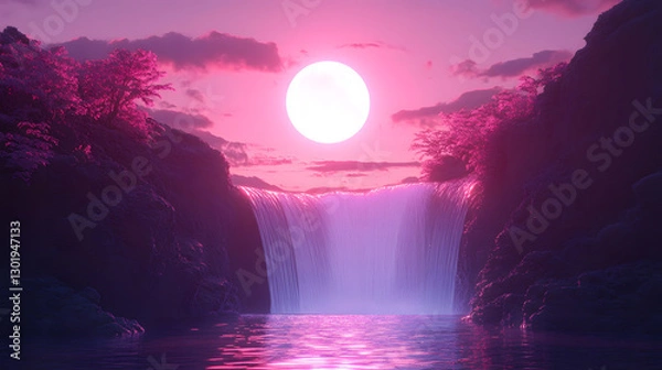 Fototapeta Soft pink glow reflecting off a calm water surface and waterfall.