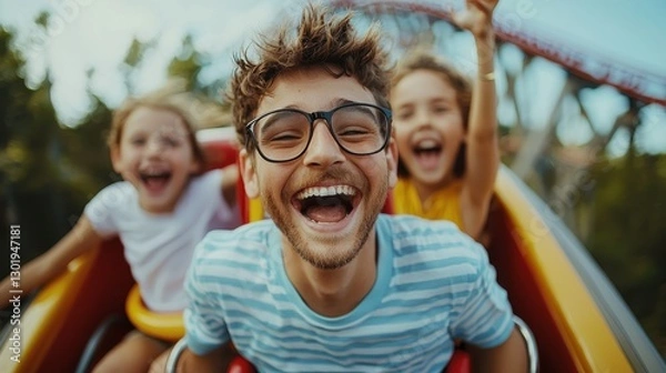 Fototapeta Joyful group of friends enjoying a thrilling ride at an amusement park, capturing unforgettable moments of happiness