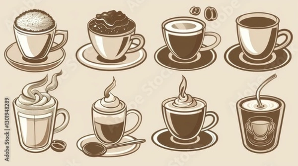 Fototapeta Diverse Set of Coffee - Centric Icons: Teas, Drinks, Cocoa, Cups, and Cafe Scenes