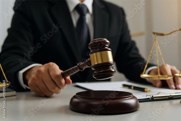 Fototapeta Professional Judge Or Lawyer At Desk With Gavel And Legal Tools