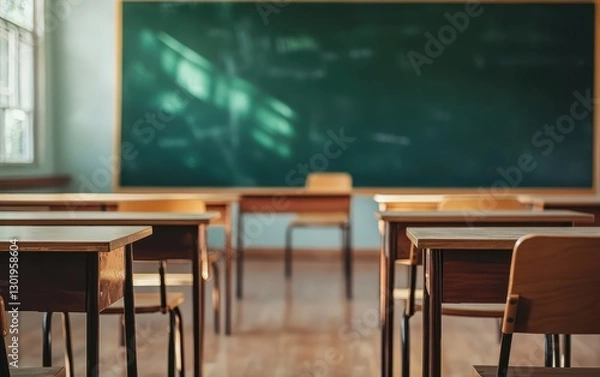 Fototapeta Empty Classroom with Wooden Desks and Blackboard in Soft Light