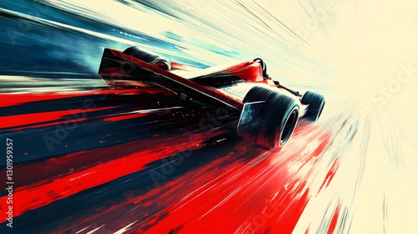Fototapeta A red racing car zooming through a curving road, leaving vibrant motion trails.