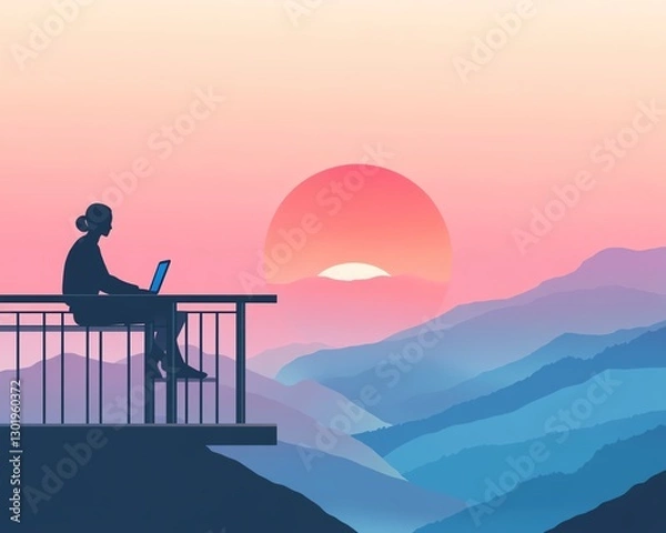 Fototapeta Person Working on a Laptop While Enjoying a Colorful Sunset Over Mountainous Landscape