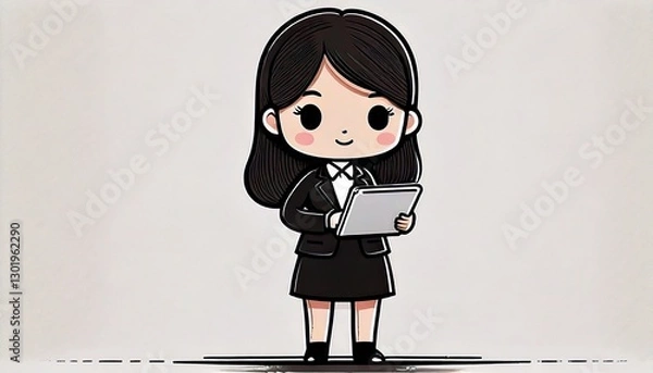 Fototapeta タブレットを持って仕事をする女性のイラスト