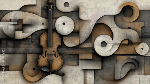 Fototapeta An abstract composition featuring a violin seamlessly integrated into a geometric background - Generative AI