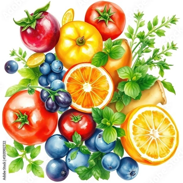 Fototapeta Brushstrokes of Flavor: Watercolor Harmony in Fruit and Herb Compositions