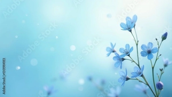 Fototapeta Delicate Light Blue Flowers on a Soft Aqua Background with a Gentle Bokeh Effect