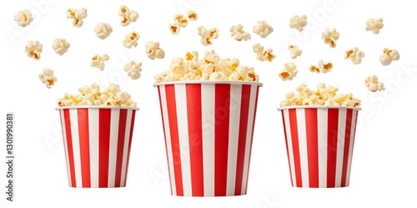 Fototapeta Delicious Popcorn Flying Out of a Classic Red and White Striped Cup on Transparent Background
Tasty Buttered Popcorn Popping Out of a Retro Cinema-Style Cup, Isolated on Transparent Background