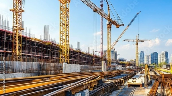 Fototapeta Cranes and concrete structures rising at a high-speed train station construction site, under a blue sky.