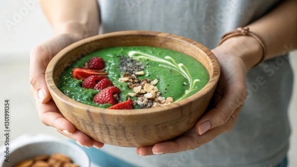 Fototapeta Healthy superfood concept. A person holds a wooden bowl filled with a vibrant green smoothie topped with raspberries, almonds, and a drizzle of cream.
