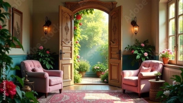 Fototapeta Serene sunlit interior featuring French doors opening to a vibrant garden, showcasing two pastel armchairs and lush potted plants, creating a tranquil and inviting atmosphere.