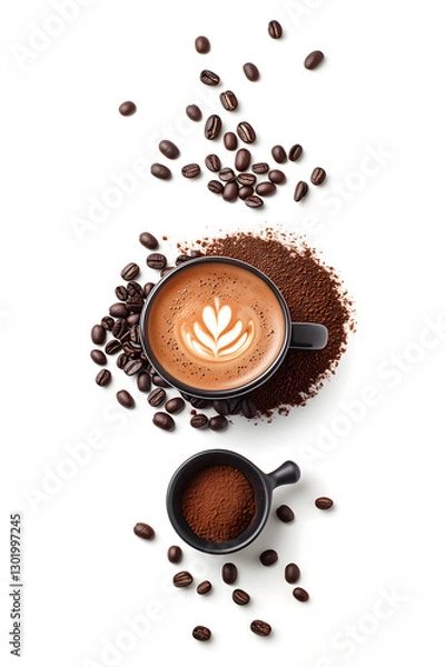 Obraz Top view of a cup of cappuccino with latte art, surrounded by roasted coffee beans and ground coffee in a black cup, isolated on white background, perfect for coffee-themed designs and advertising