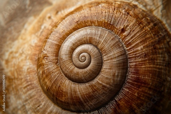 Fototapeta Close-up of brown spiral shell with intricate patterns and textures