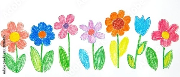 Obraz flower crayon kid pastel spring background painting hand chalk grass pencil art childish vector pattern plant cute wax border doodle color garden sketch draw nature illustration drawn frame green