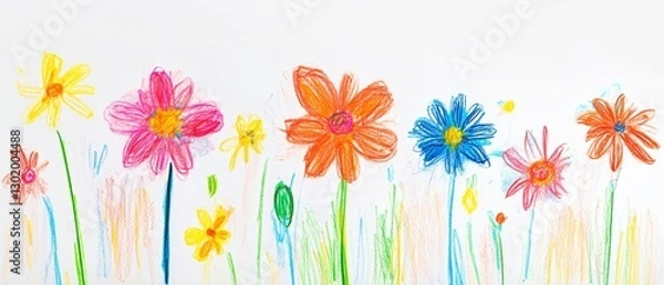 Obraz flower crayon kid pastel spring background painting hand chalk grass pencil art childish vector pattern plant cute wax border doodle color garden sketch draw nature illustration drawn frame green