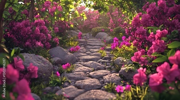 Obraz Sunlit Stone Path Through Pink Flowers