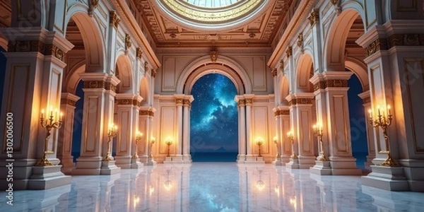 Fototapeta A grand hall with ornate columns and arches, illuminated by candlelight, opens to a breathtaking view of a starry night sky and tranquil ocean