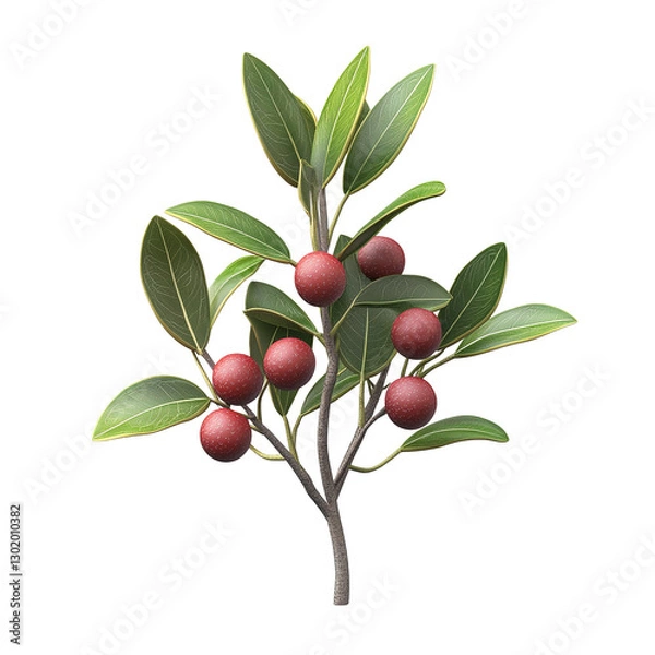 Fototapeta This isolated image displays a tree branch bearing ripe red fruits with vibrant green leaves isolated on transparent background.