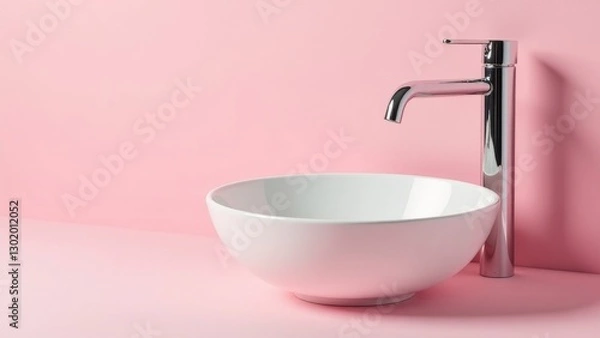 Fototapeta A minimalist white ceramic basin and sleek chrome faucet against a soft pink background, perfect for bathroom design inspiration.