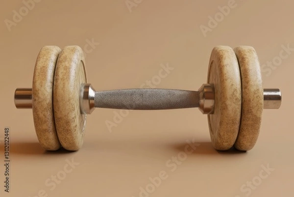 Fototapeta A single dumbbell lying horizontally on a tan colored background