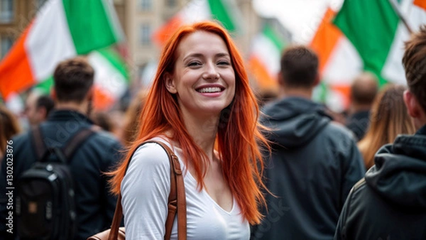 Fototapeta Happy Red Haired Woman in a Crowd With Irish Flags White Top Brown Bag