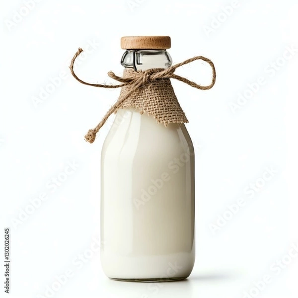 Fototapeta Isolated on white – Fresh milk bottle with rustic twine decor.