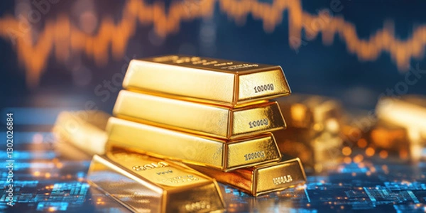 Fototapeta A stack of shiny gold bars with price charts, showcasing high fidelity and detailed financial visuals.