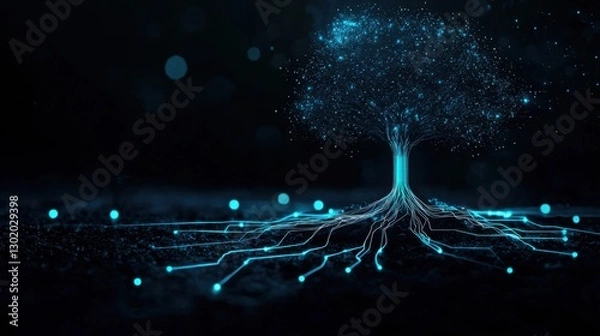Fototapeta Digital tree with luminous roots and glowing particles in a dark environment representing the concept of technology and nature fusion in a modern world