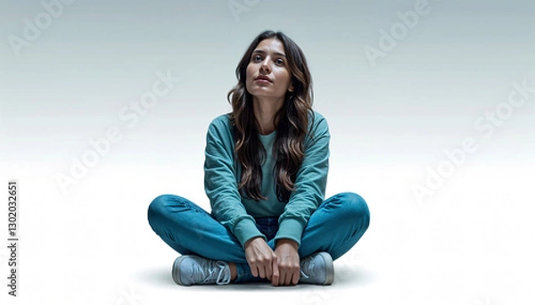 Obraz Minimalist Portrait of a Young Woman Sitting Cross-Legged..