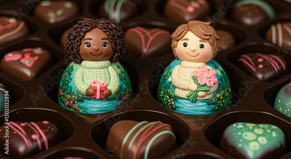 Obraz Artisanal Chocolate Box with Cute Figurine Decorations..