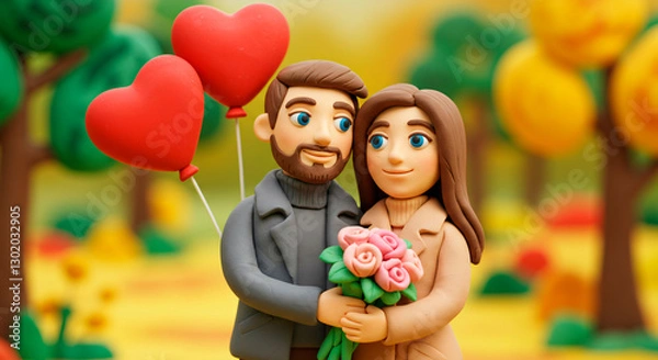 Obraz Romantic Clay Figurine Couple with Heart Balloons in an Autumn Park...