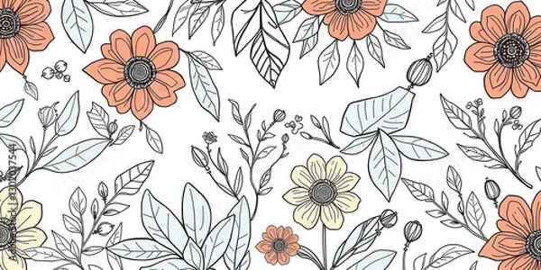 Fototapeta Naturalistic Botanicals: Organic Line Art on Patterned Backdrops