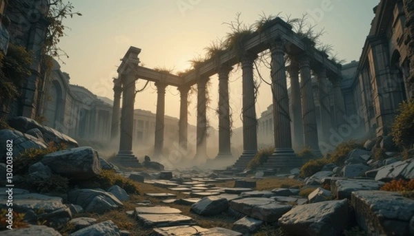 Fototapeta Ancient Ruins Overgrown with Nature at Sunrise Mystical Stone Pathway through Historical Greek Columns and Pillars