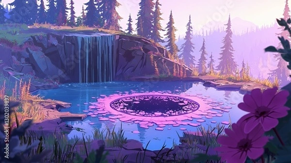 Fototapeta Pixel Art Fantasy Lake Scene with Waterfall and Purple Flowers