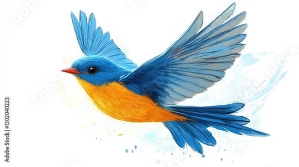 Fototapeta A striking depiction of a vibrant blue-and-orange bird soaring through the sky, wings majestically unfurled. Its deep-blue wings contrast with an orange-tinted body, creating a dynamic visual as it ti