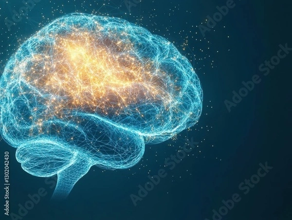 Fototapeta Digital brain illustration with glowing neurons and connections on a dark background.