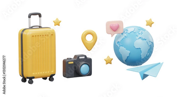 Fototapeta 3D Time to travel concept. Summer journey emoji set. Yellow suitcase, camera with photo, pin location, earth planet and paper airplane. Cartoon design icons isolated on white background. 3D Rendering