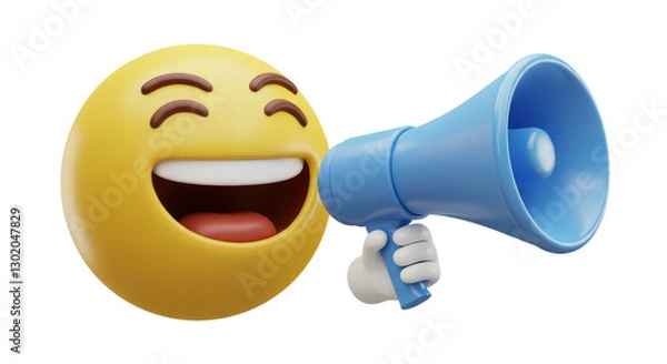 Fototapeta Emoji holding loudspeaker isolated on white background, emoticon holding megaphone 3d rendering