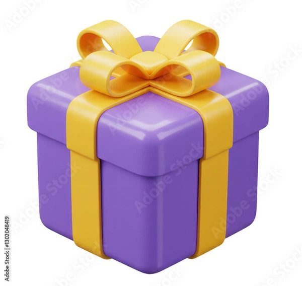 Fototapeta 3D gift box icon. Purple gift box with ribbon and bow. Holiday present concept. Loyalty program reward. Cartoon holiday gifts. Cartoon style design 3D icon isolated on white background. 3D rendering.
