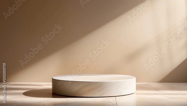 Fototapeta Minimalist round marble podium in a warm beige setting with soft natural light. Perfect for product display, branding, luxury interiors, and modern design concepts with an elegant aesthetic.