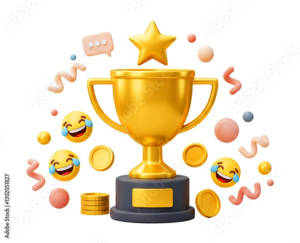 Fototapeta 3D Trophy cup with floating chat box, emoji, ribbon and geometric shapes on purple background.